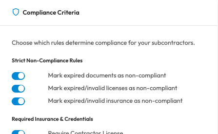 SUBCREWZ compliance risk dashboard showing automated expiration alerts for subcontractors
