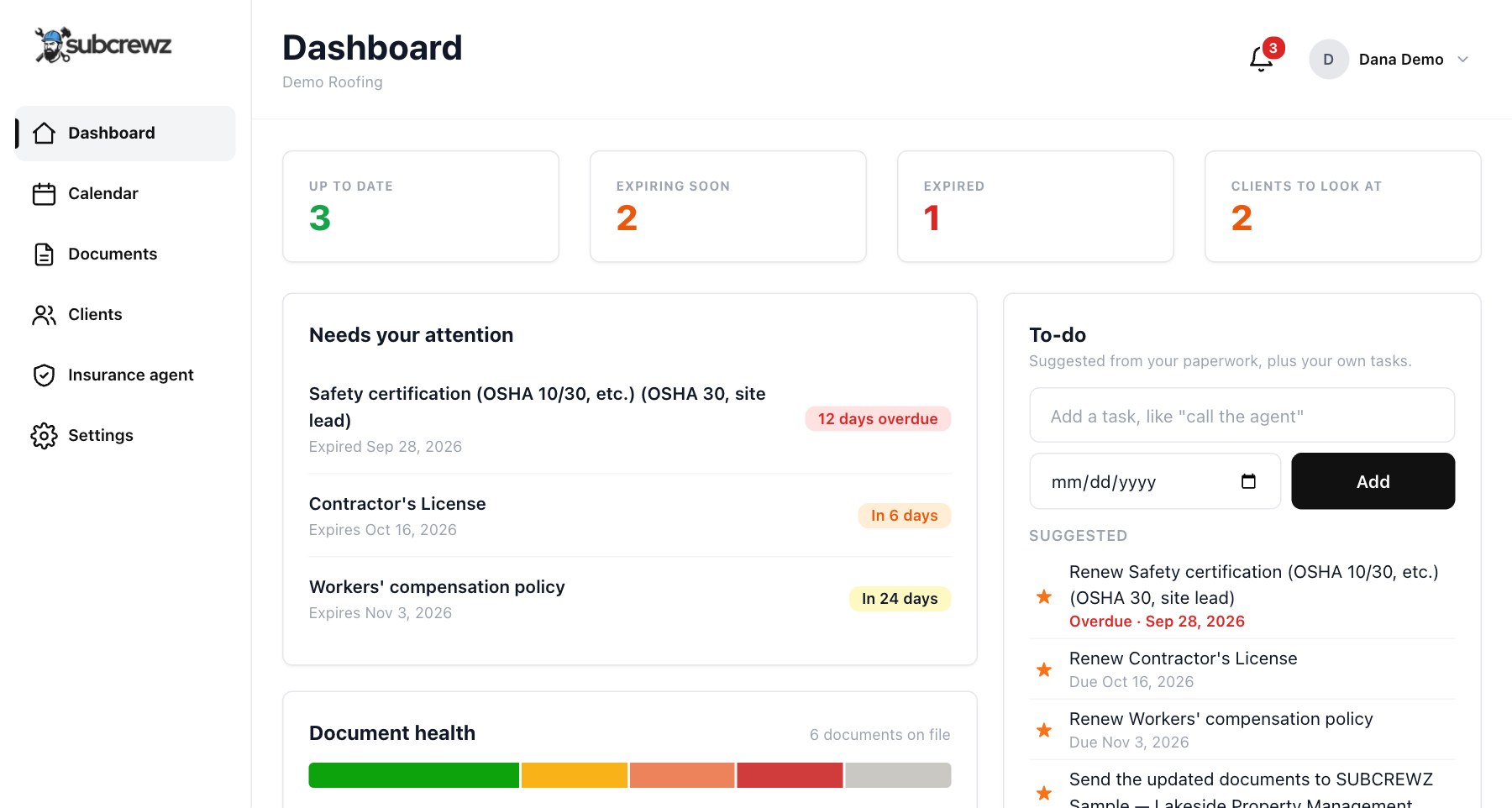 The SUBCREWZ dashboard on a computer: document health, what expires, your to-do list and a quick way to send paperwork to a GC.