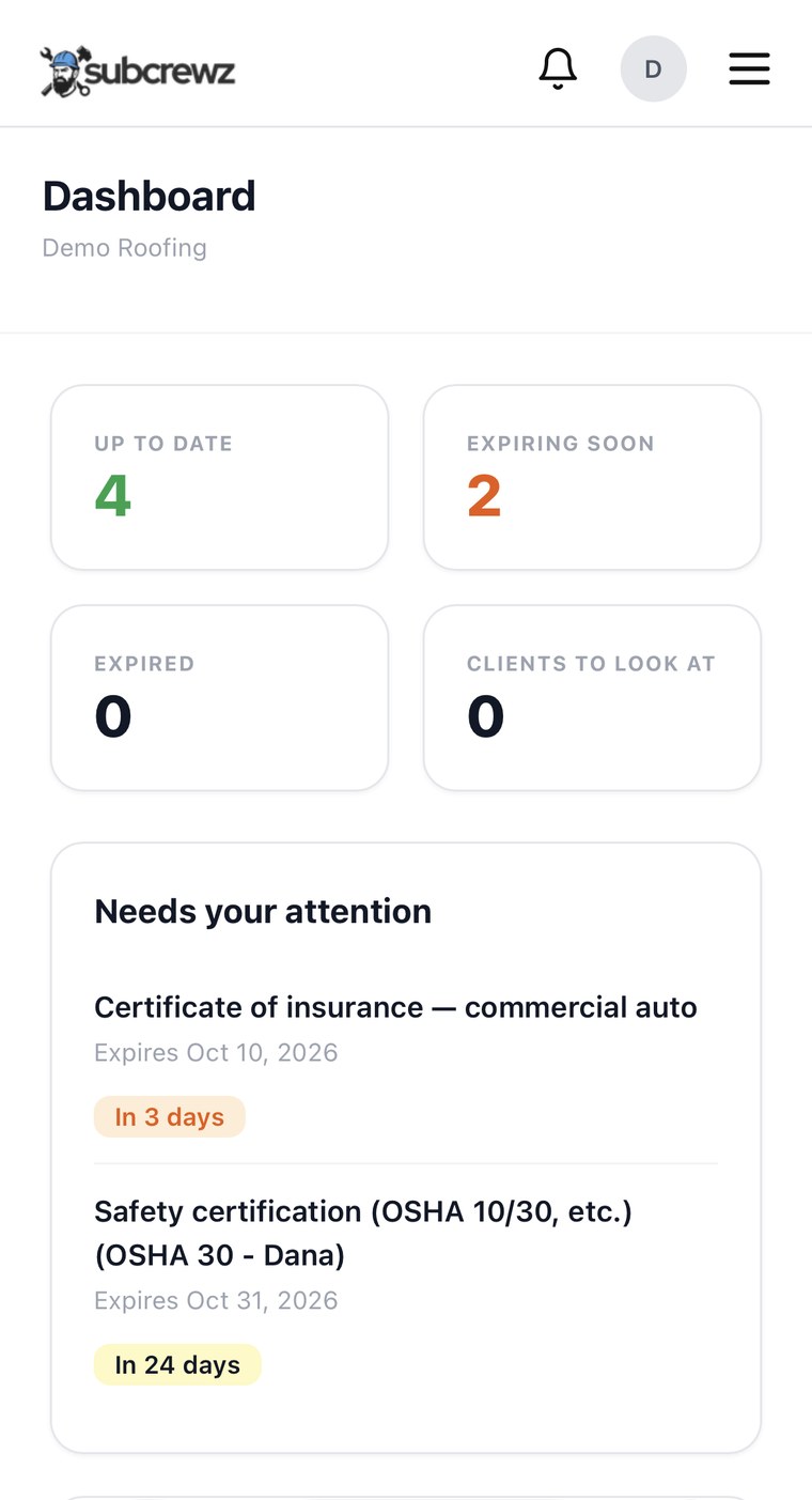 The SUBCREWZ dashboard on a phone: documents that need attention, with how many days are left on each.