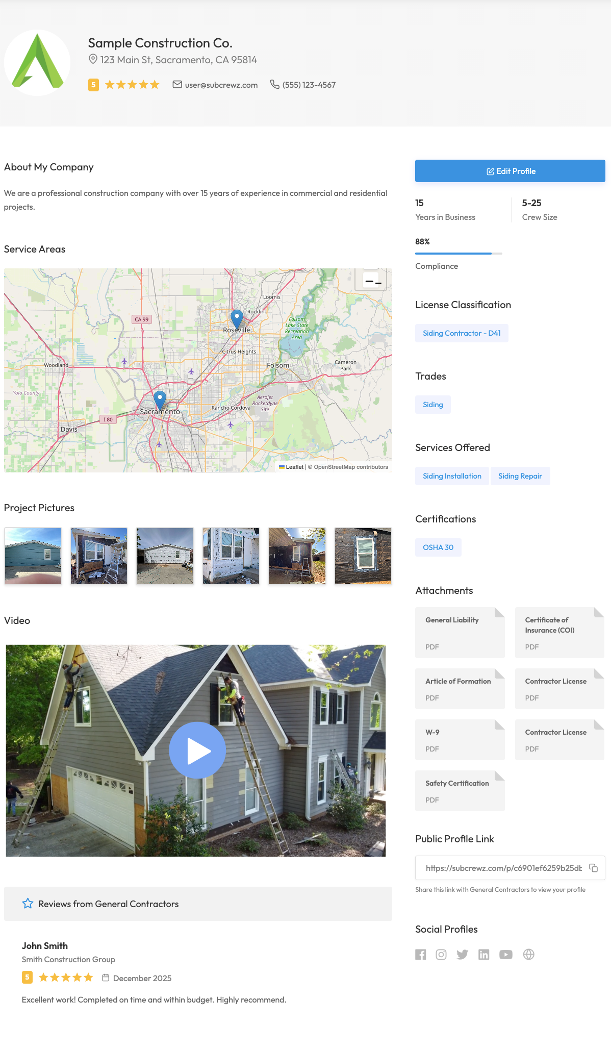 Subcontractor Profile Screenshot